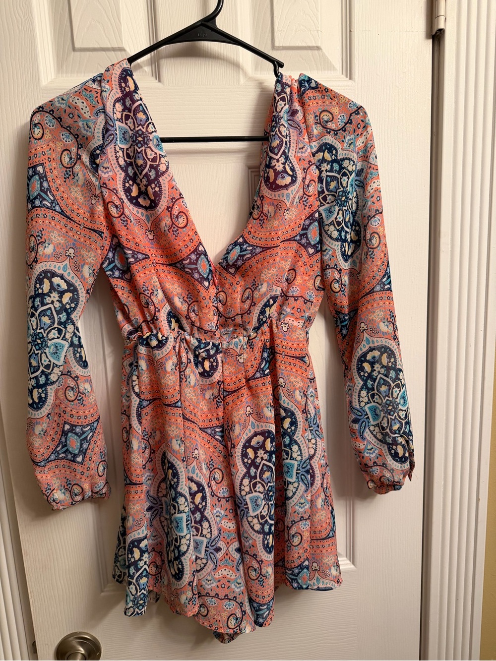 Peach & Navy Paisley V-Neck Long Sleeve jumpsuit romper
